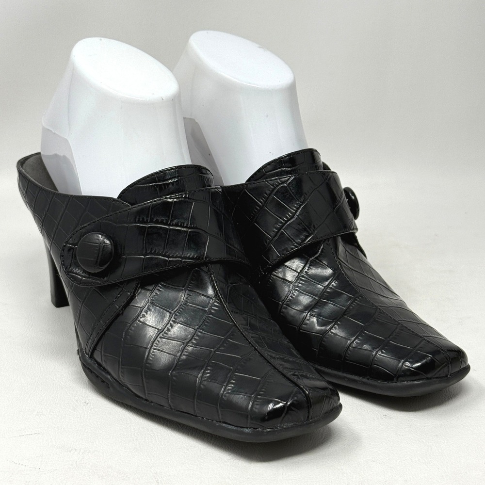 A2 Aerosoles Cintennial‎ Black Faux Croc Mules Womens 7.5M Preppy Academia READ